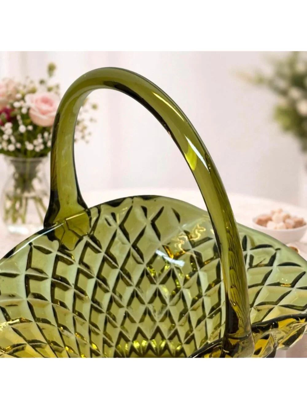 Vintage Indiana Glass Olive Green Diamond  Point Handled Basket 7 inches MCM - Picture 3 of 10